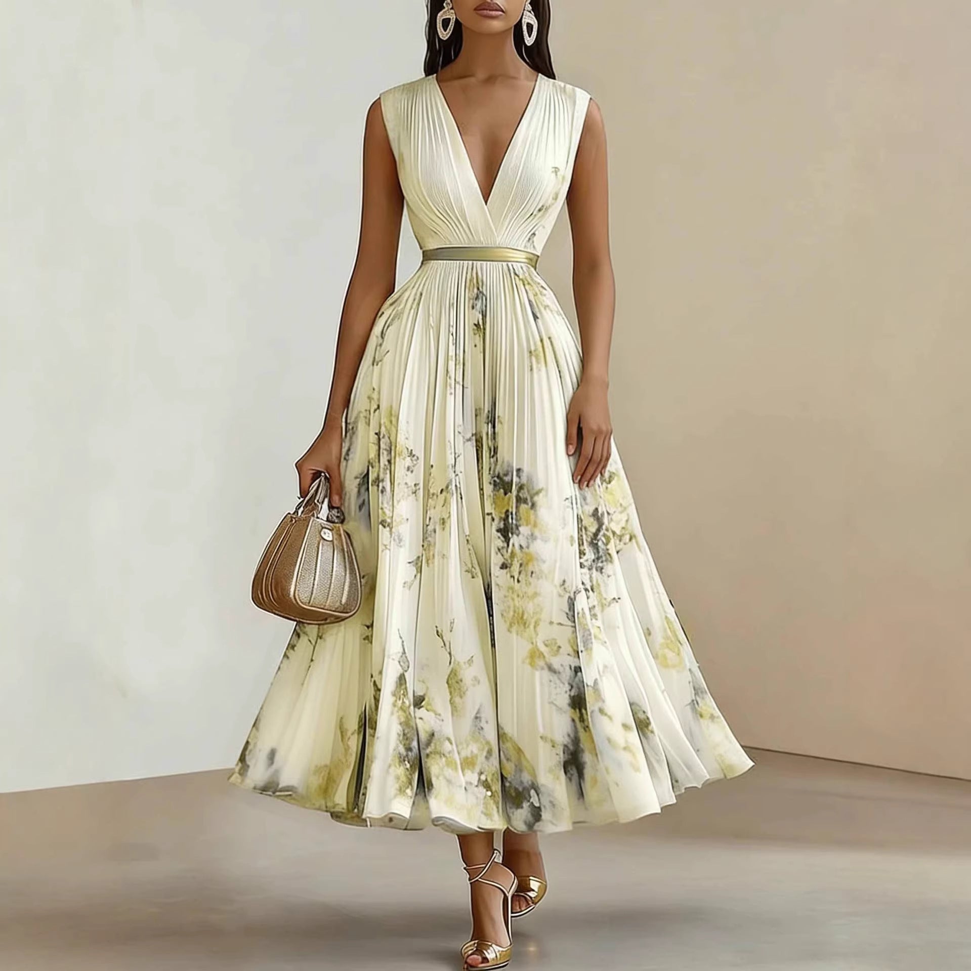 <font dir="auto" style="vertical-align: inherit;"><font dir="auto" style="vertical-align: inherit;">2026 Bestseller: Elegante mouwloze geplooide jurk met print voor op vakantie, verkrijgbaar via Amazon en onafhankelijke websites in Europa en Amerika.</fon