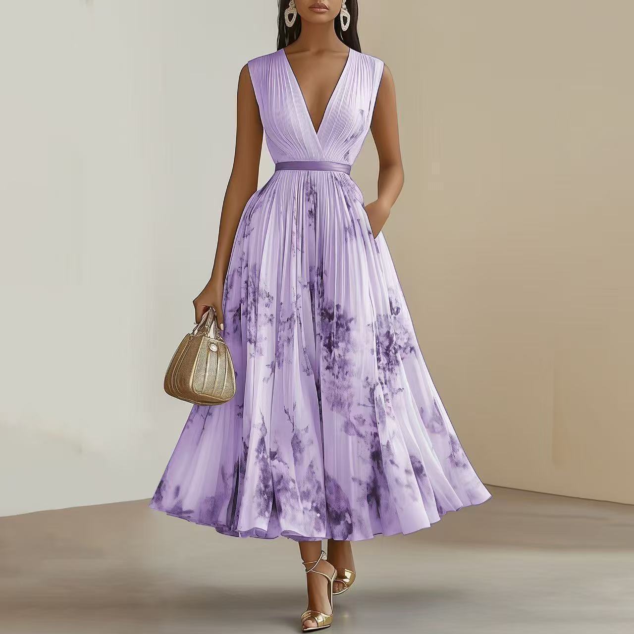 <font dir="auto" style="vertical-align: inherit;"><font dir="auto" style="vertical-align: inherit;">2026 Bestseller: Elegante mouwloze geplooide jurk met print voor op vakantie, verkrijgbaar via Amazon en onafhankelijke websites in Europa en Amerika.</fon