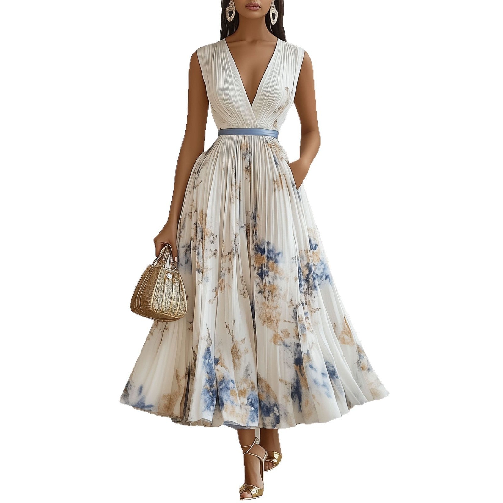 <font dir="auto" style="vertical-align: inherit;"><font dir="auto" style="vertical-align: inherit;">2026 Bestseller: Elegante mouwloze geplooide jurk met print voor op vakantie, verkrijgbaar via Amazon en onafhankelijke websites in Europa en Amerika.</fon