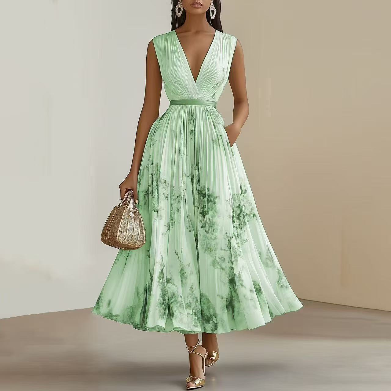 <font dir="auto" style="vertical-align: inherit;"><font dir="auto" style="vertical-align: inherit;">2026 Bestseller: Elegante mouwloze geplooide jurk met print voor op vakantie, verkrijgbaar via Amazon en onafhankelijke websites in Europa en Amerika.</fon
