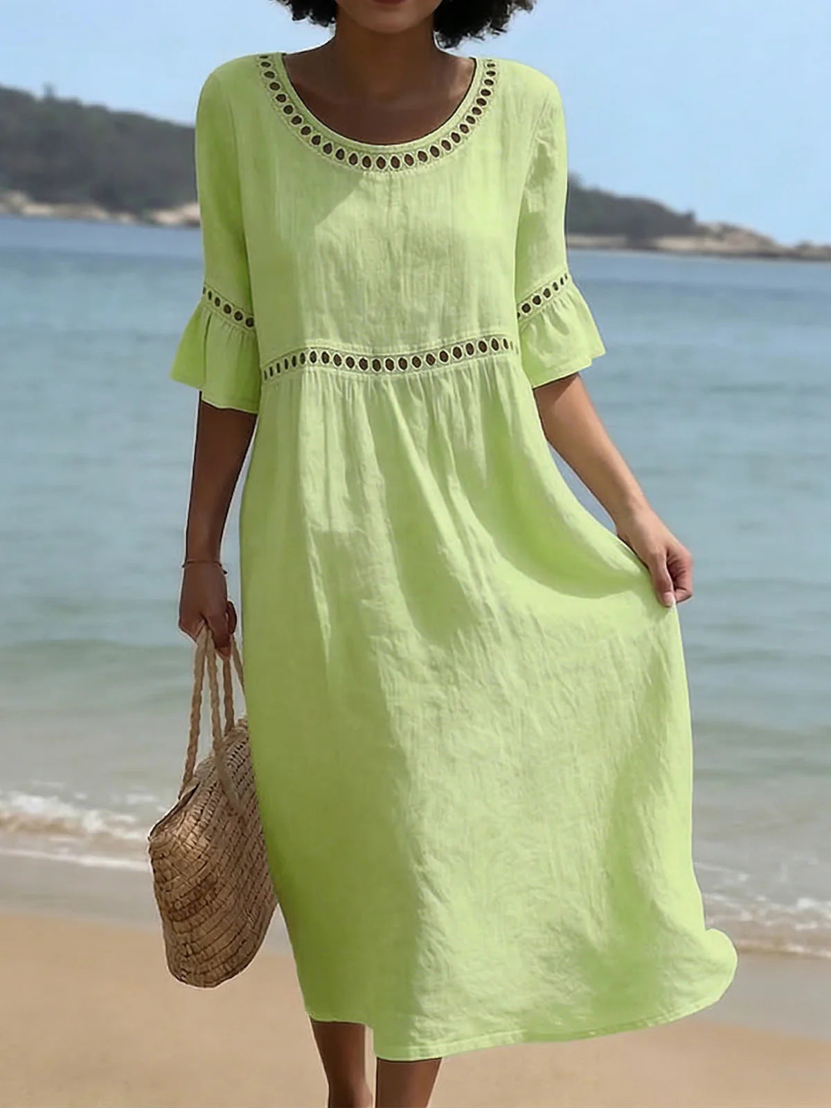 <font dir="auto" style="vertical-align: inherit;"><font dir="auto" style="vertical-align: inherit;">Amazon 2026 Europese en Amerikaanse grensoverschrijdende lente/zomer nieuwe elegante casual damesjurk met ronde hals in effen kleur</font></font>