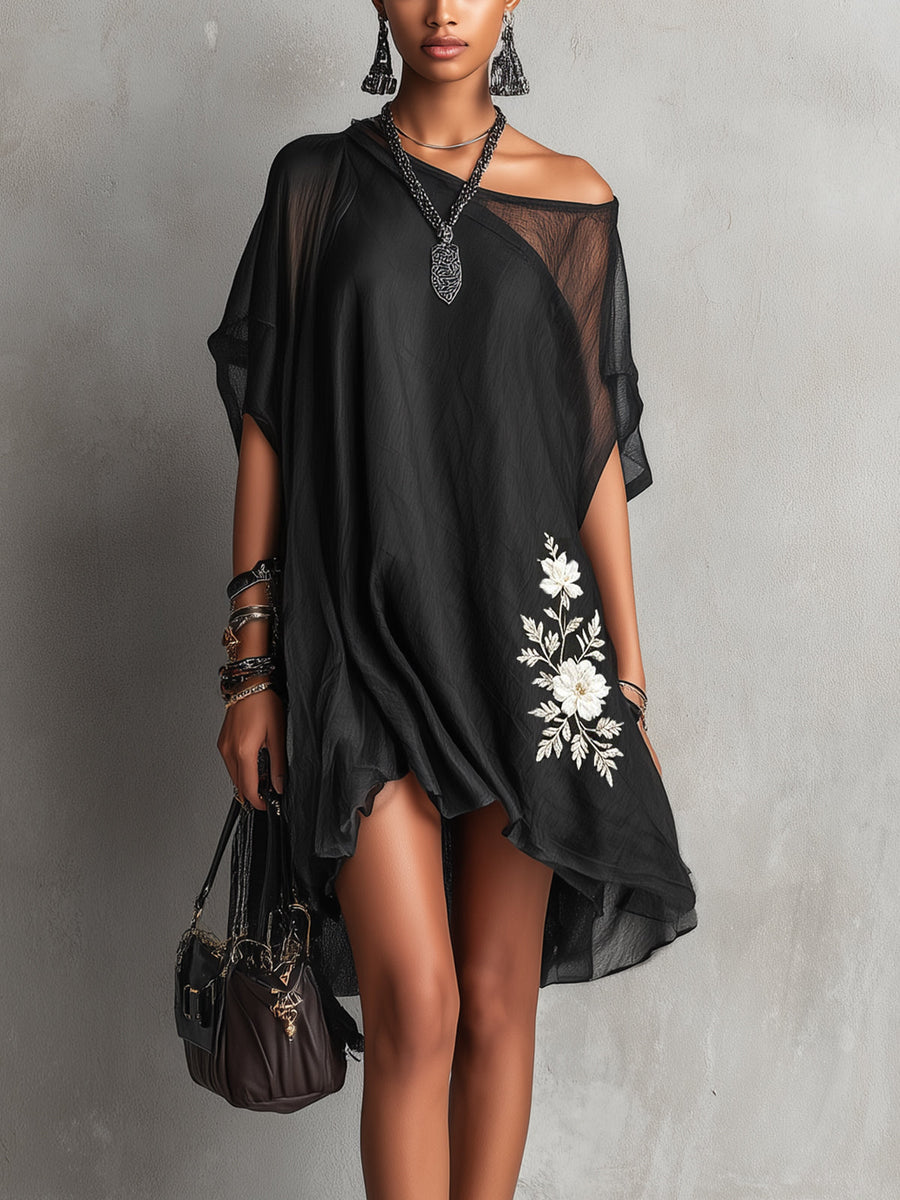 Black Asymmetric Chiffon Midi Dress with Floral Embroidery