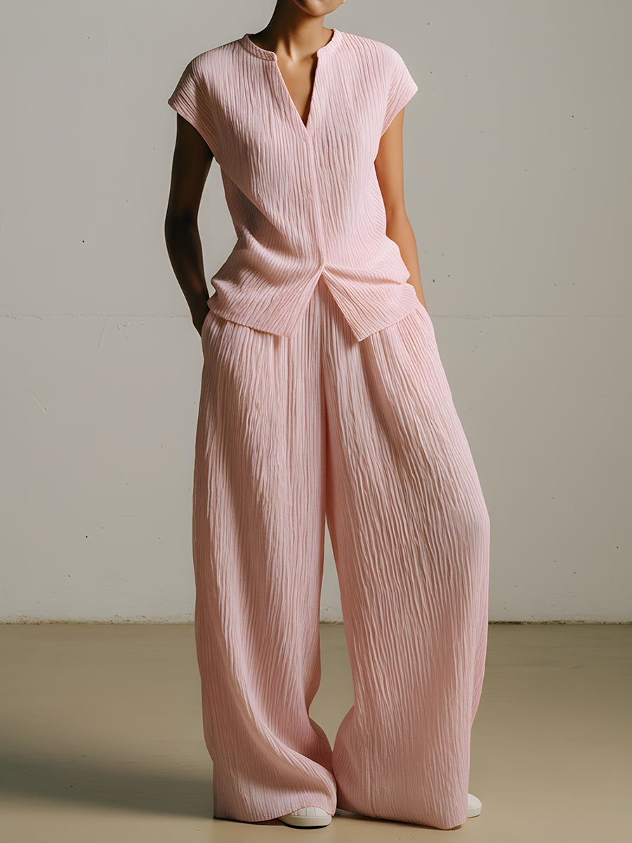 Minimalist pleated short-sleeve top and wide-leg trousers set