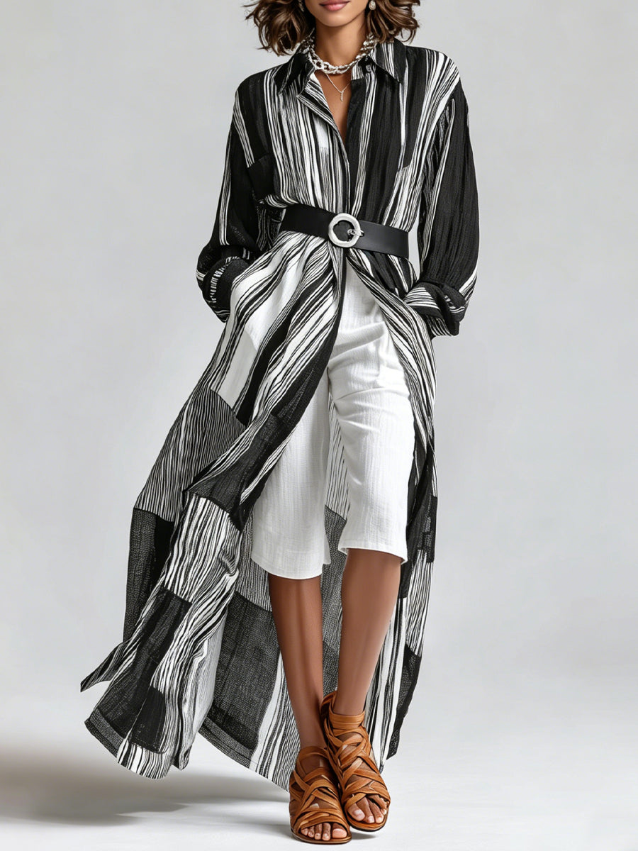 Striped Long Shirt Dress & White Mid-Length Shorts Set (With Belt)