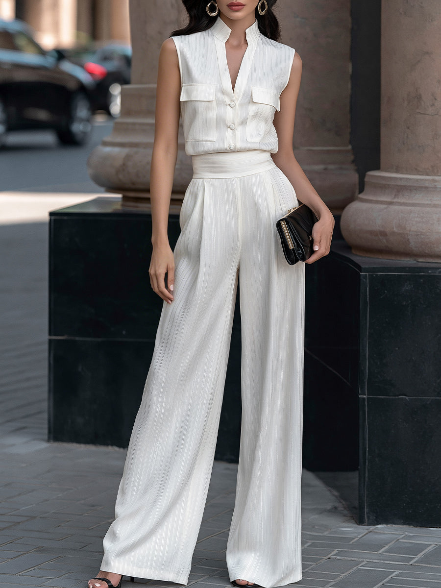 Striped Satin V-neck Top And Wide-Leg Pants Set