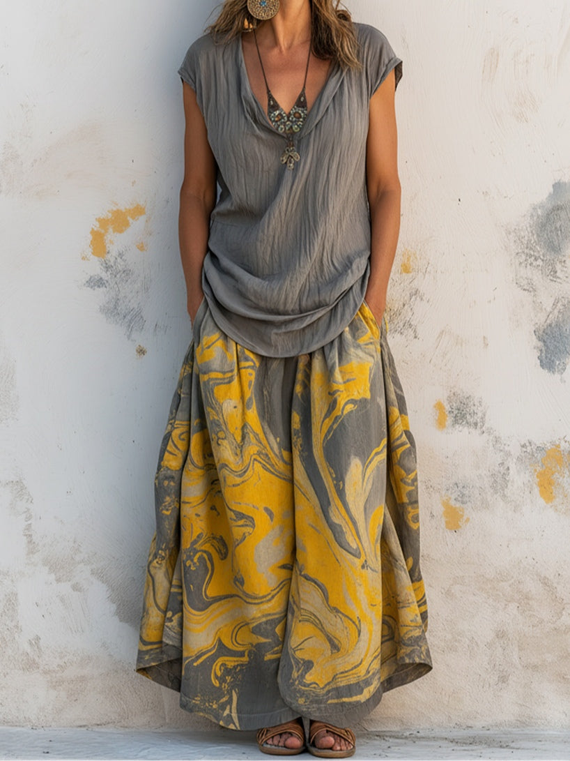 Casual V-Neck Short-Sleeve T-Shirt And Patterned Skirt Set