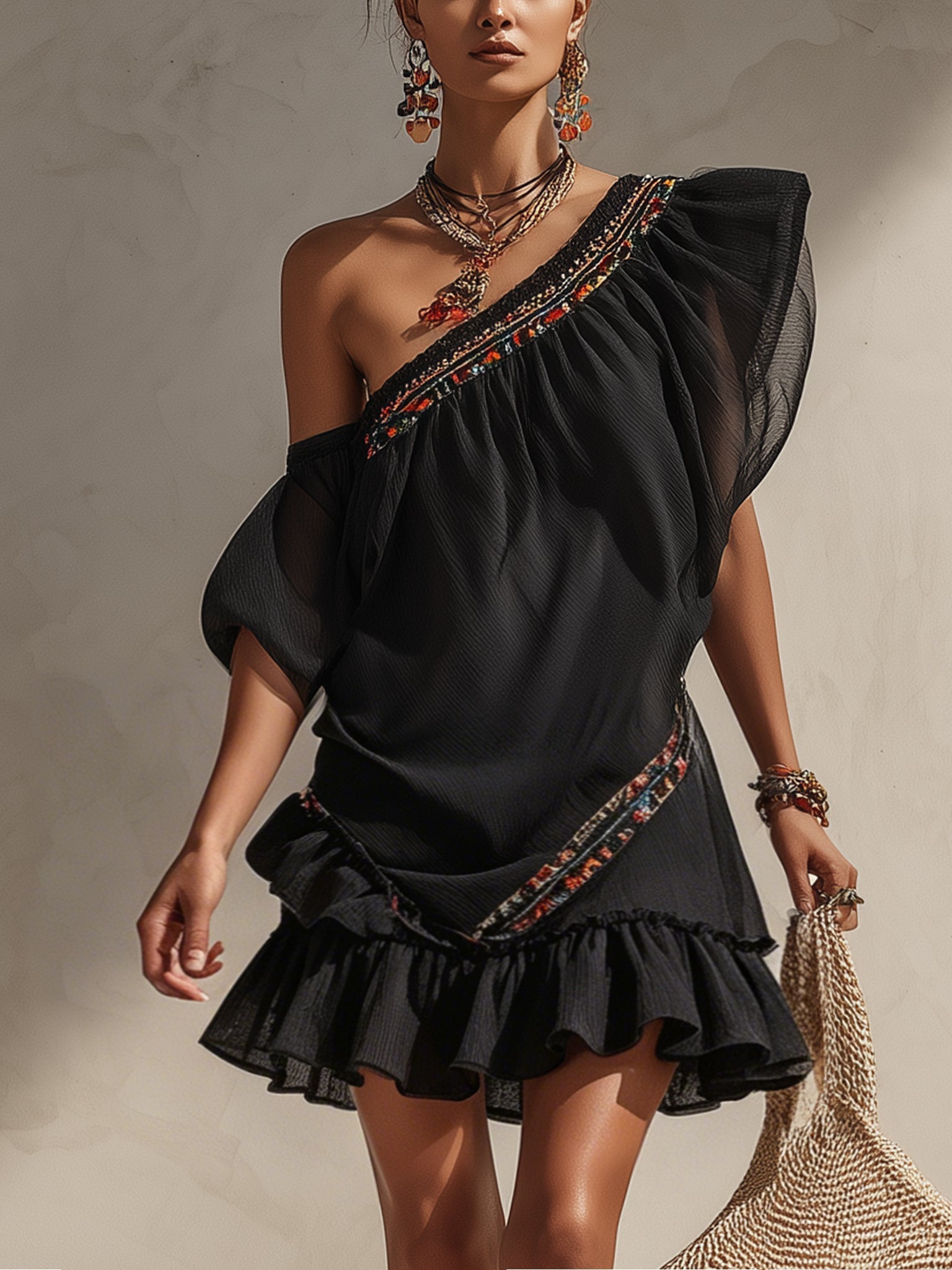 Black Asymmetric Chiffon-Panelled Binding Mini Dress