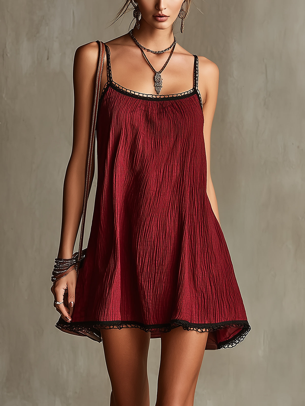 Red Textured Spaghetti Strap Mini Dress with Black Lace Trim
