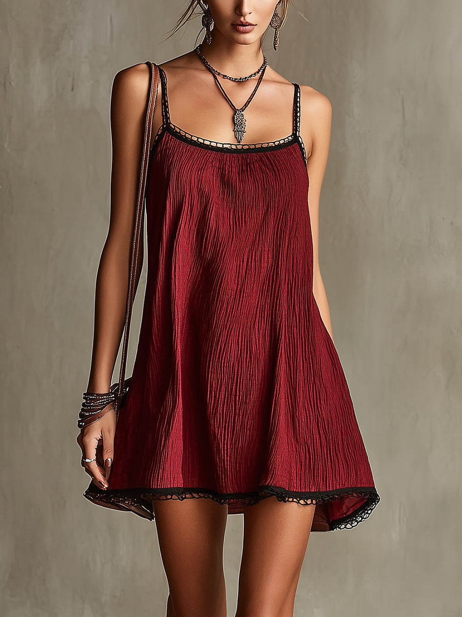 Red Textured Spaghetti Strap Mini Dress with Black Lace Trim
