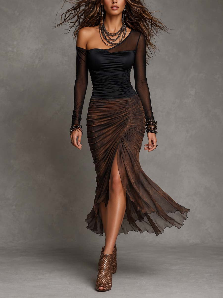 Sexy Asymmetrical Mesh and Ruched Panel Midi Dress