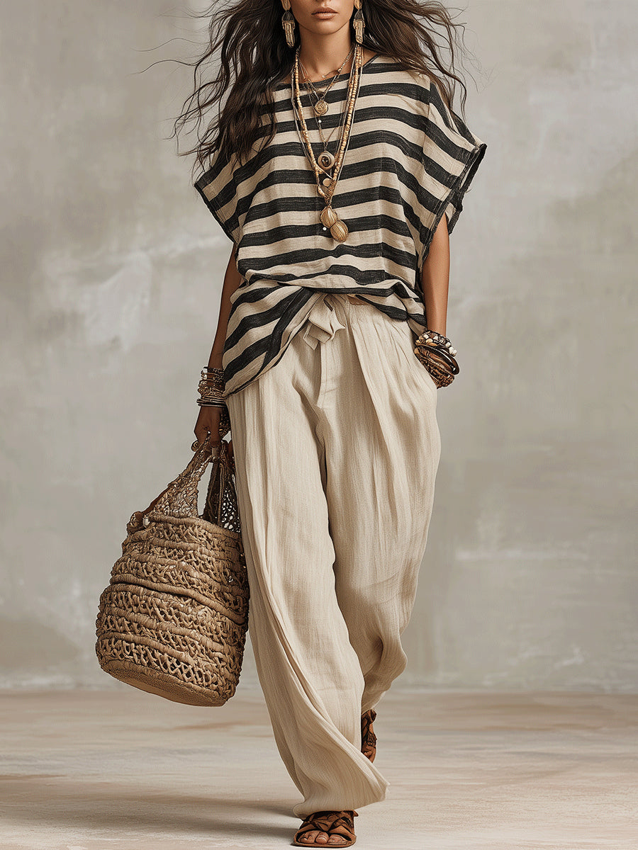 Stylish Striped Loose T-Shirt and Wide-Leg Pants Set