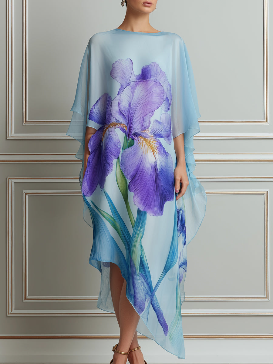 Blue Iris Print Chiffon Cape‑Style Midi Dress
