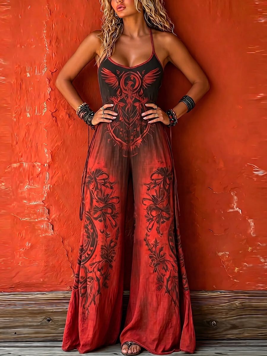 Red Bohemian-style printed camisole jumpsuit
