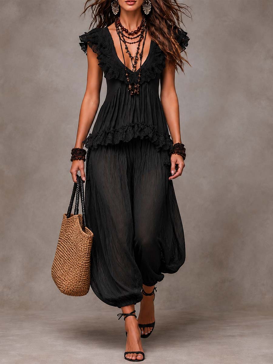 Black Bohemian V-Neck Lace Top and Harem Pants Set