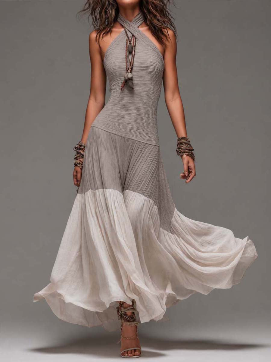 Vintage bohemian halter maxi dress with pleated texture