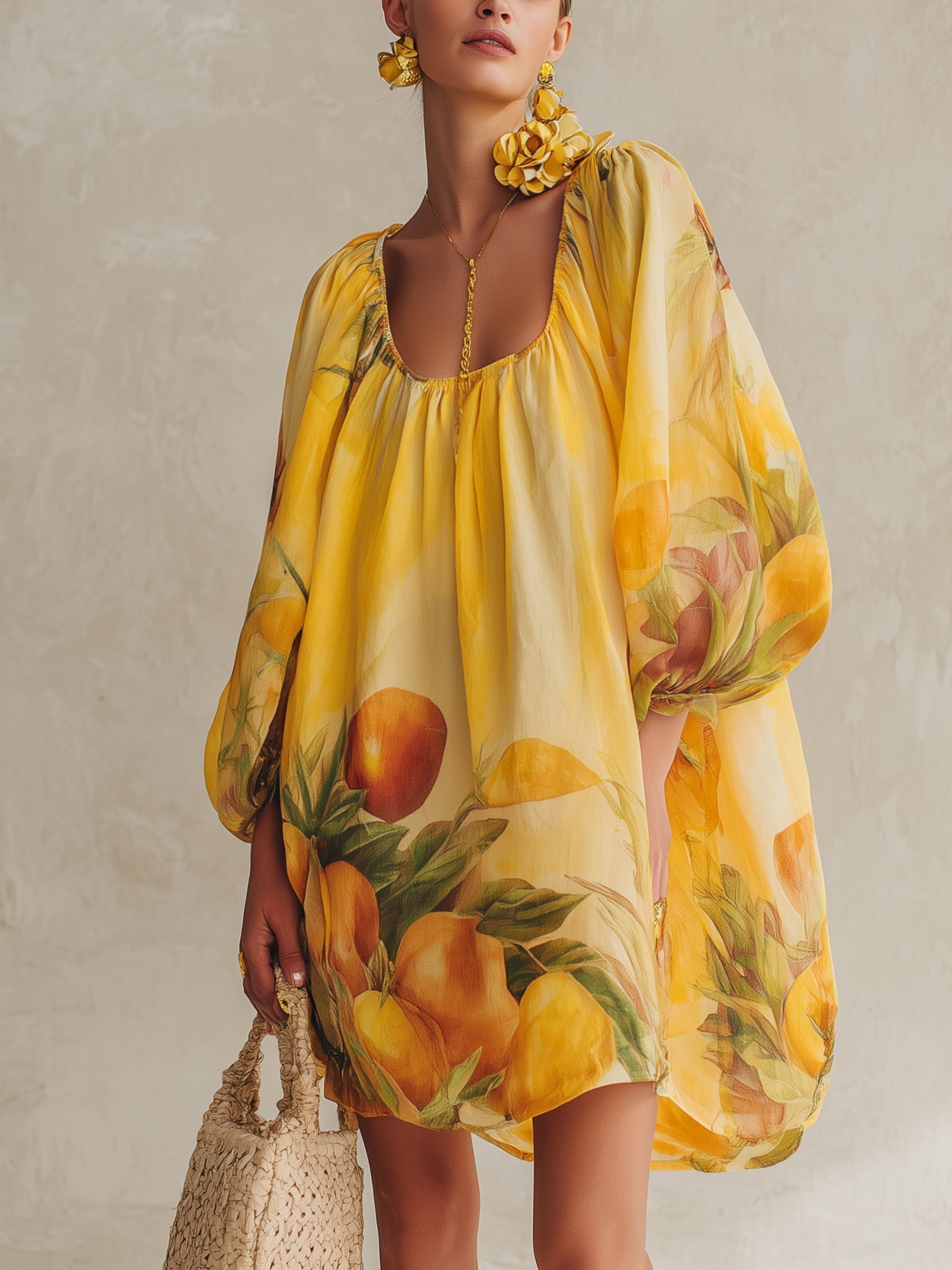 Vibrant Yellow Printed Loose Mini Dress