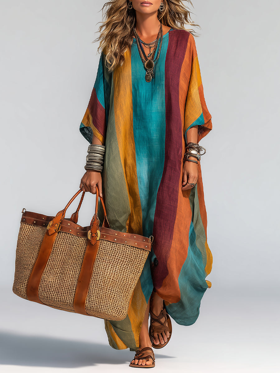 Casual short-sleeved V-neck multi-color design long dress