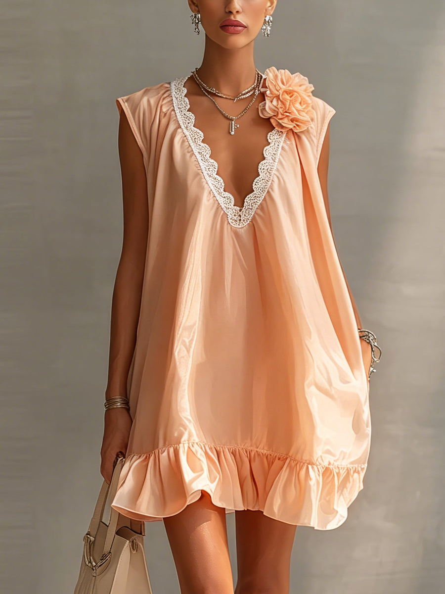Orange V-neck floral lace ruffled mini dress