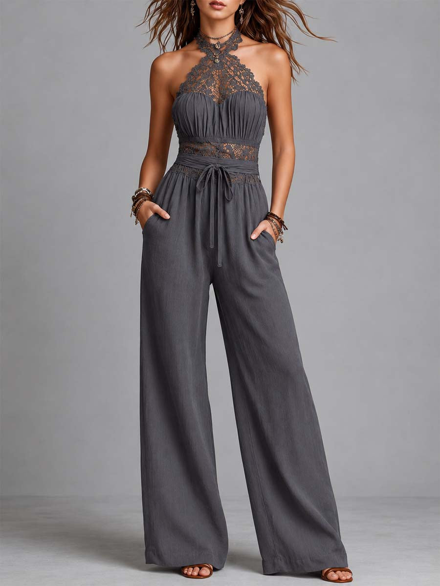 Grey lace halter-neck pleated wide-leg jumpsuit