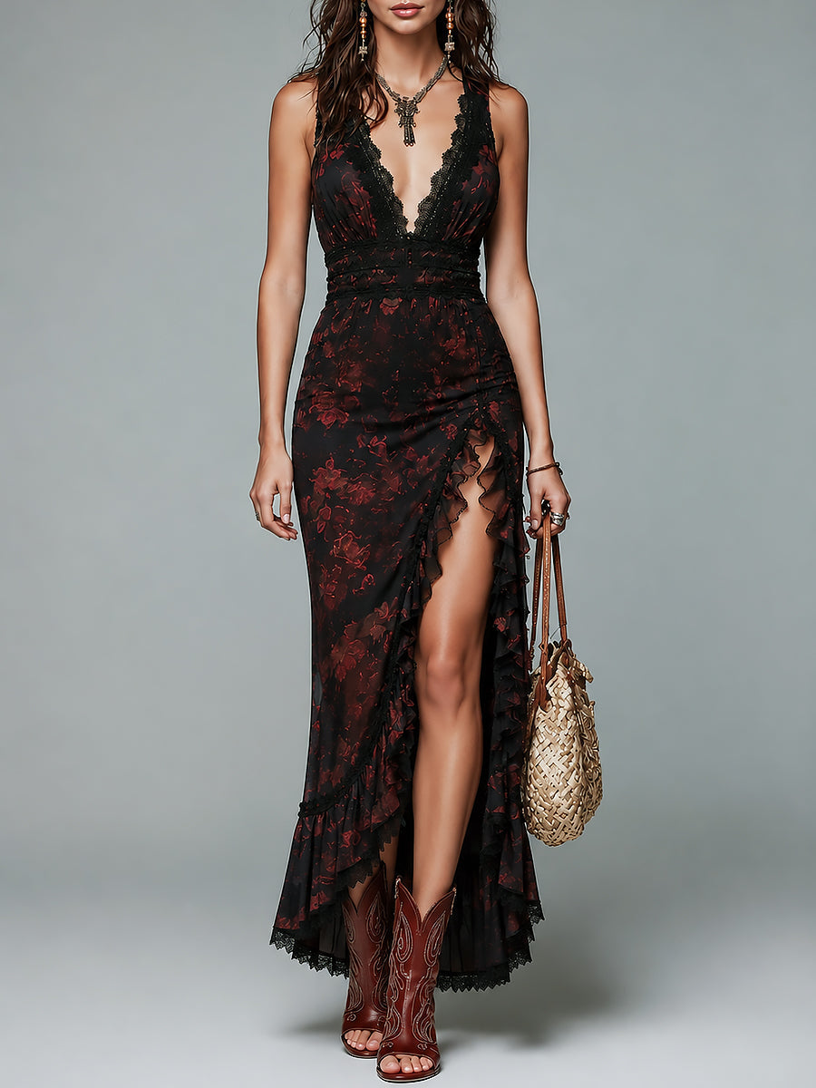 Elegant Floral Lace-Trimmed High-Slit Mesh Maxi Dress