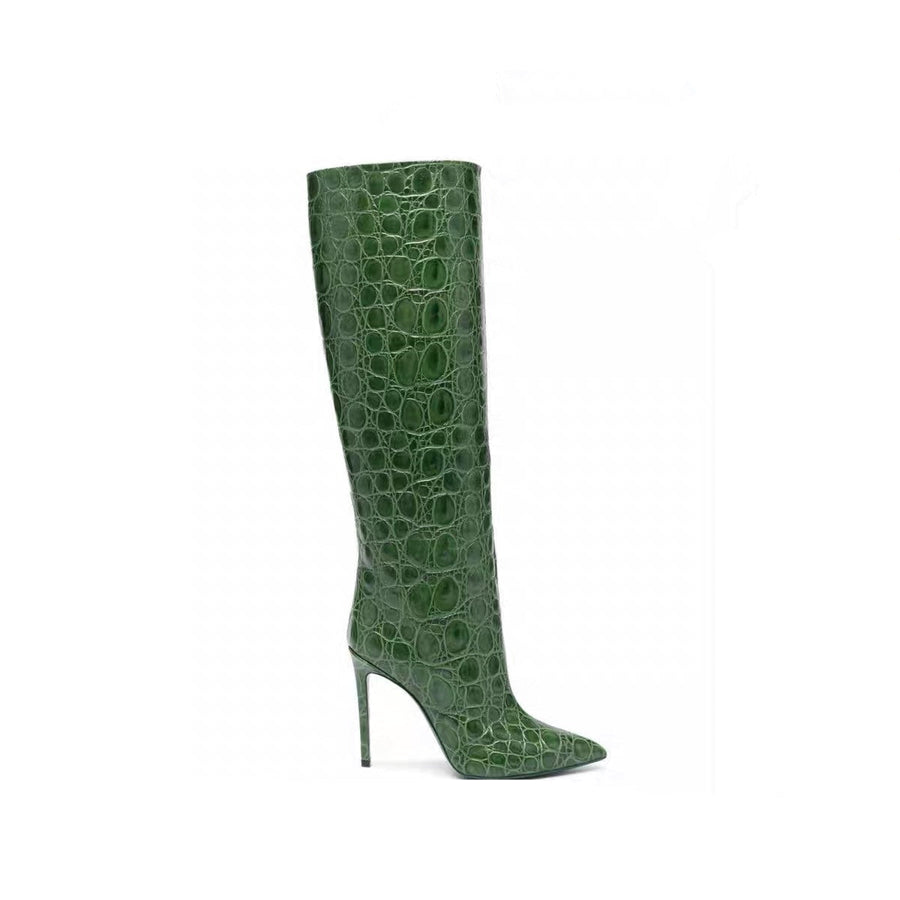 Snake-print high-heeled pointed-toe straight-leg boots