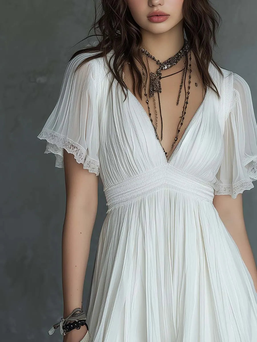 Vintage Pleated Lace Trim White Chiffon Mini Dress