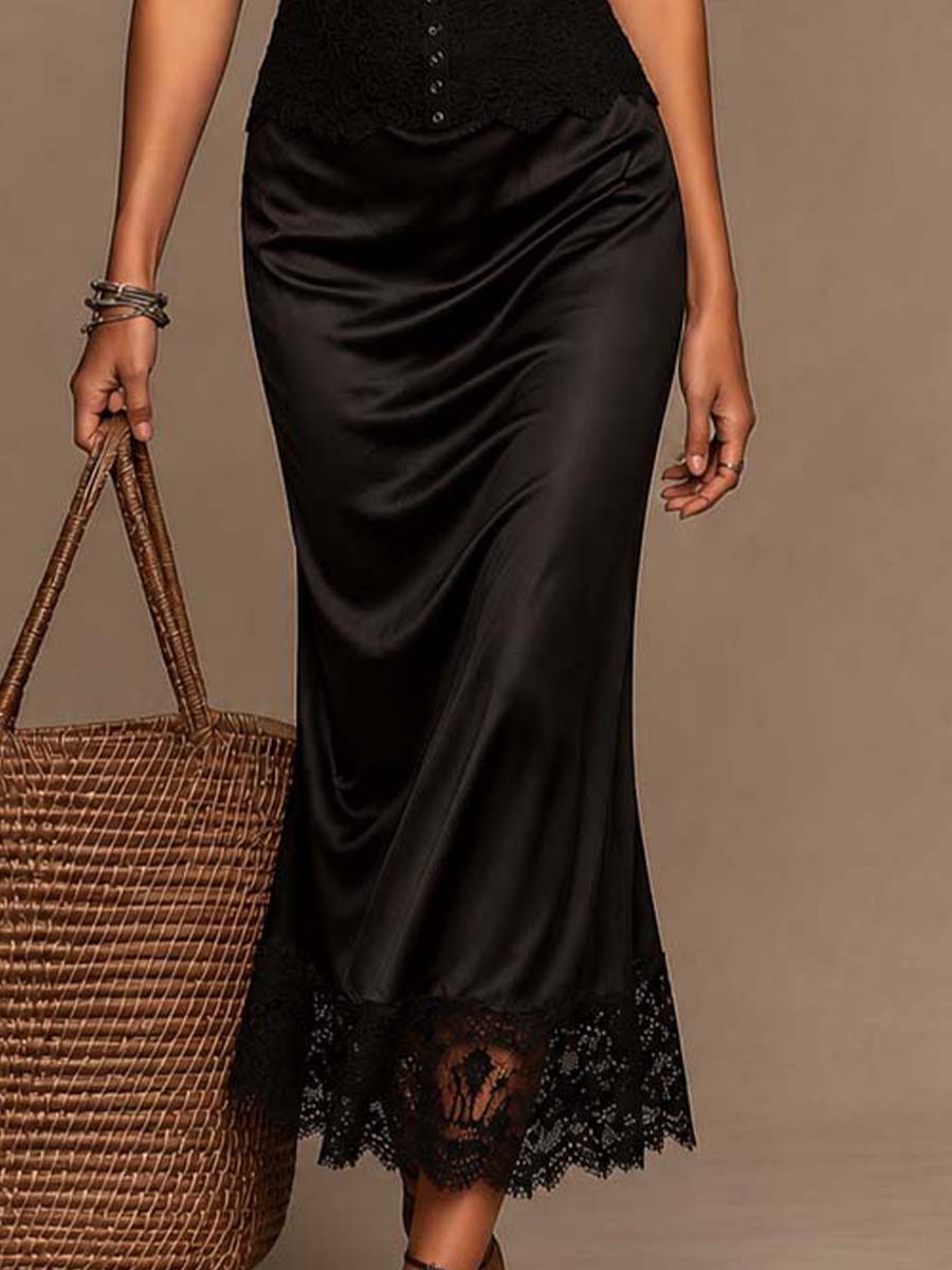 Elegant Vintage Lace Cami Spliced Satin Midi Dress