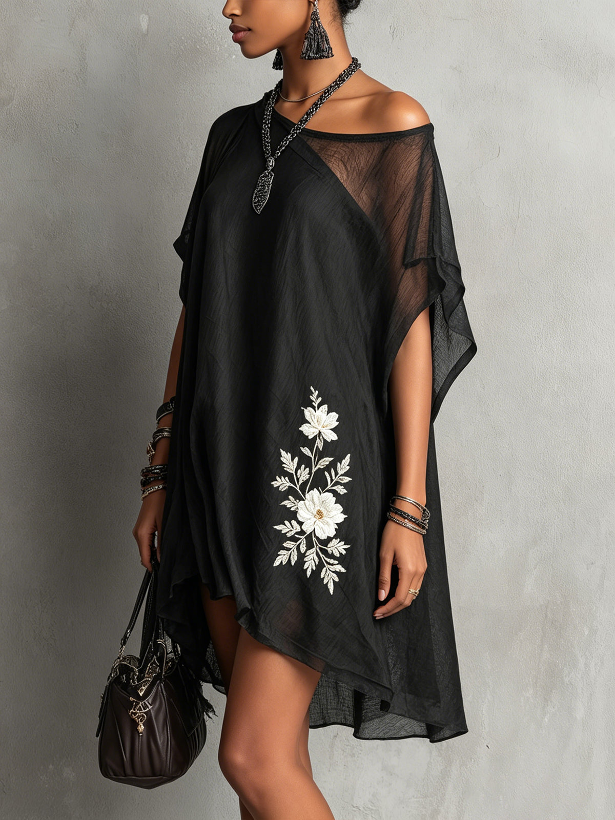 Black Asymmetric Chiffon Midi Dress with Floral Embroidery
