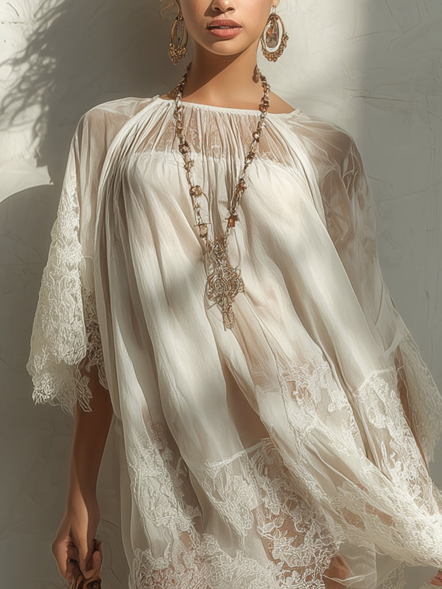 White Lace-Paneled Chiffon Mini Dress