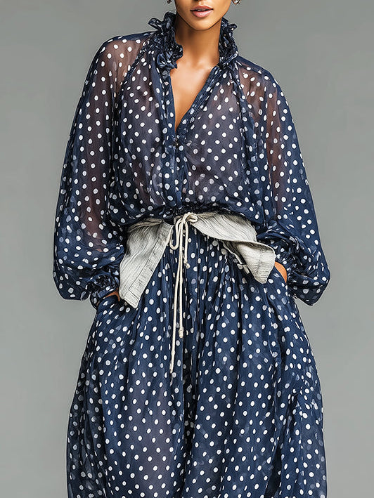 Casual Polka-Dot Chiffon Loose-Fit Long-Sleeve Top and Pants Set(Belt included)