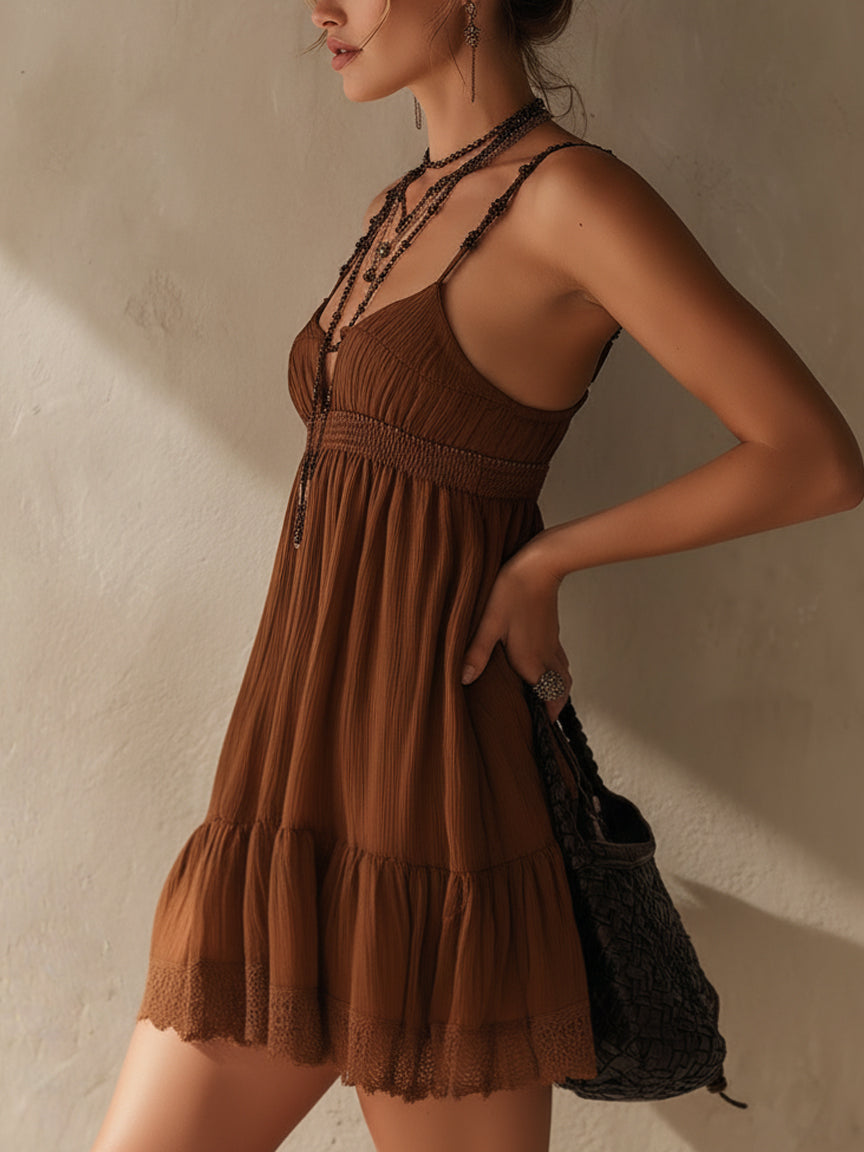 Brown pleated chiffon mini skirt with spaghetti straps