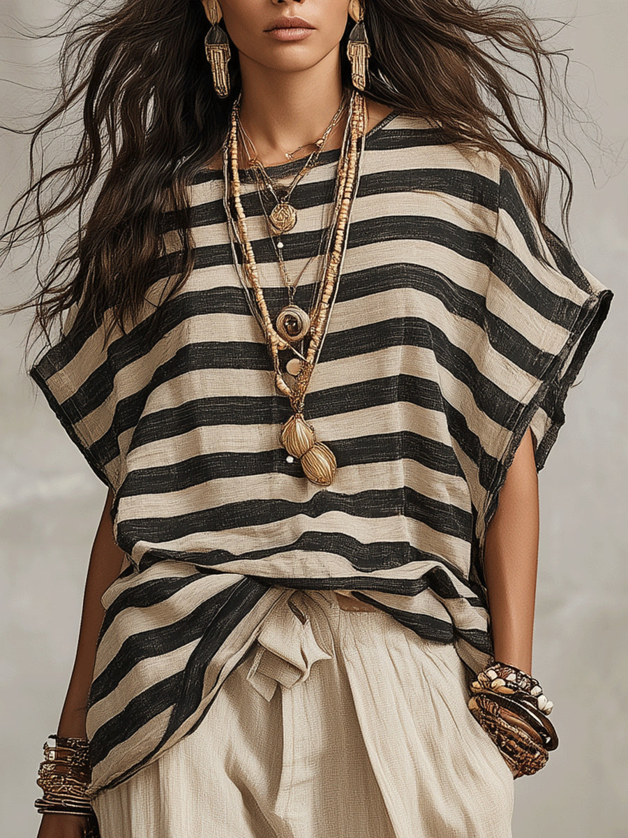 Stylish Striped Loose T-Shirt and Wide-Leg Pants Set