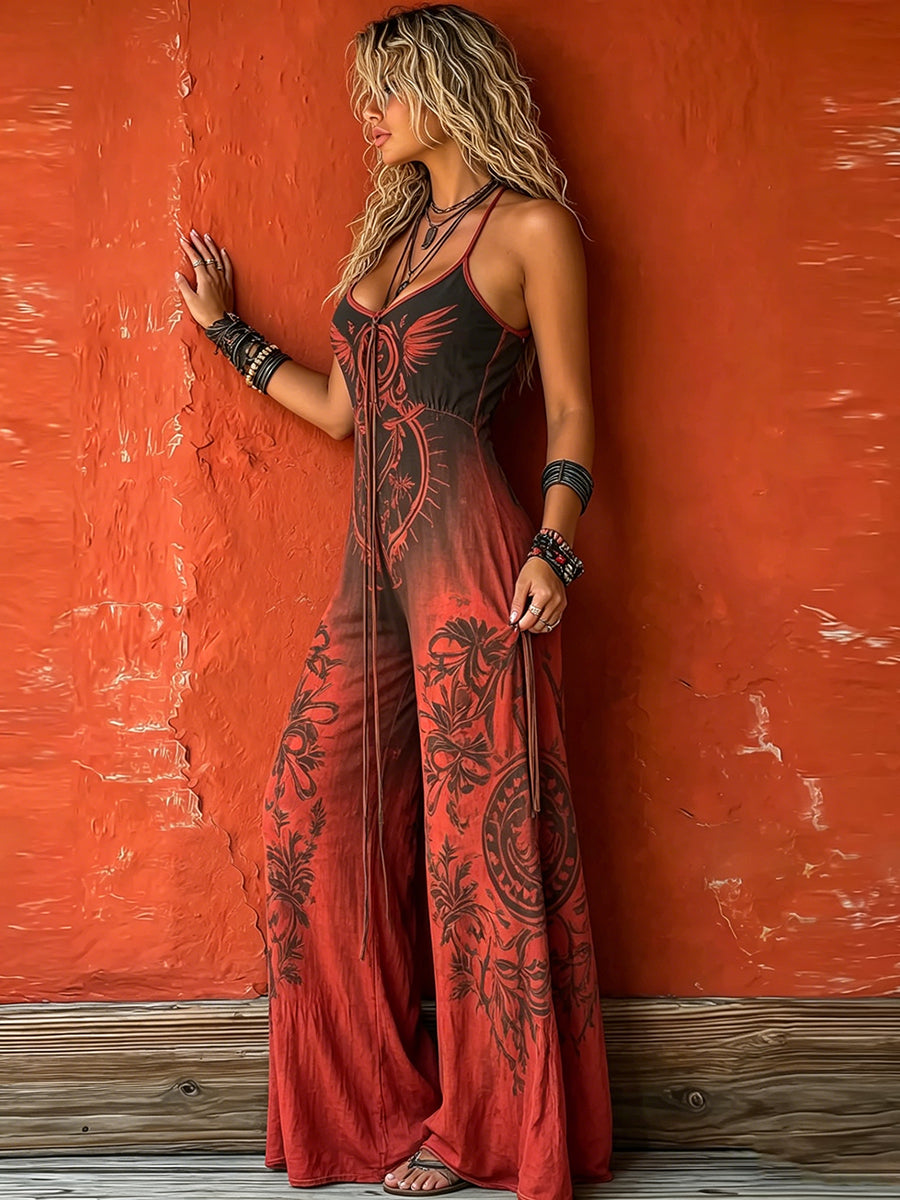 Red Bohemian-style printed camisole jumpsuit