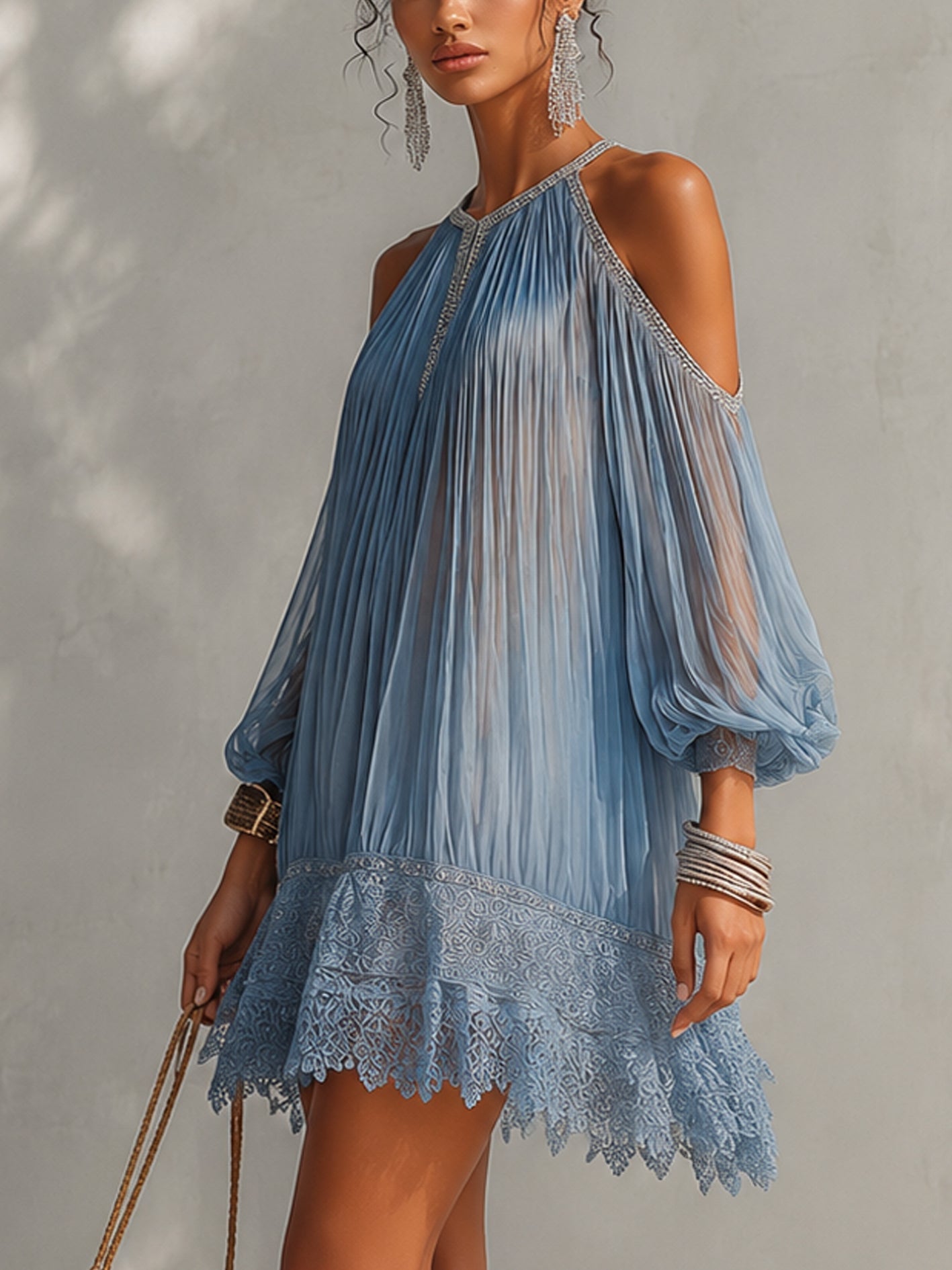 Blue Off-Shoulder Ruched Mini Dress with Lace Hem