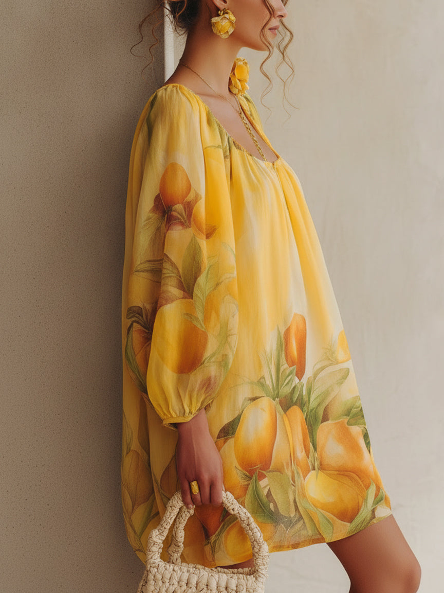 Vibrant Yellow Printed Loose Mini Dress