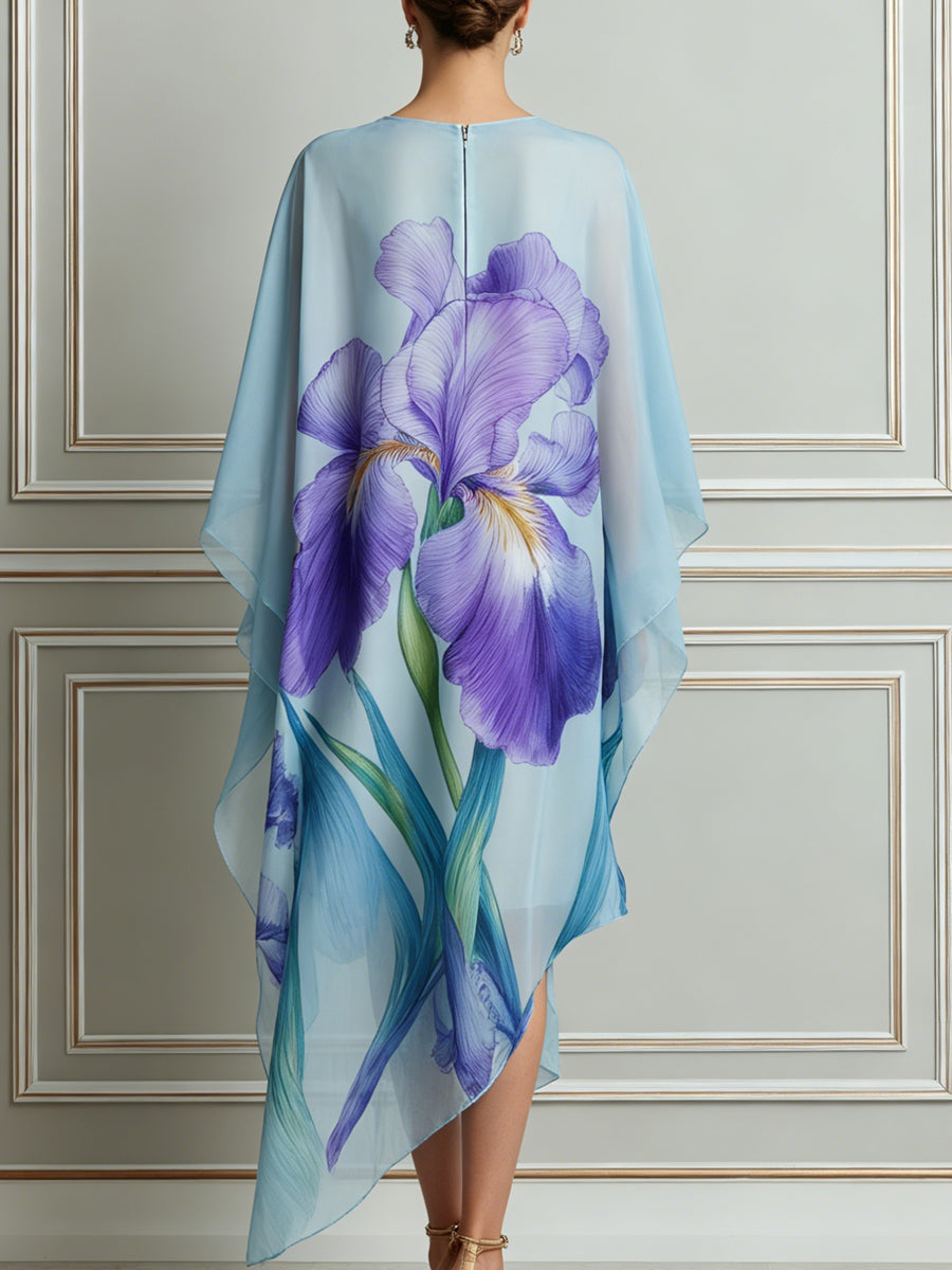 Blue Iris Print Chiffon Cape‑Style Midi Dress