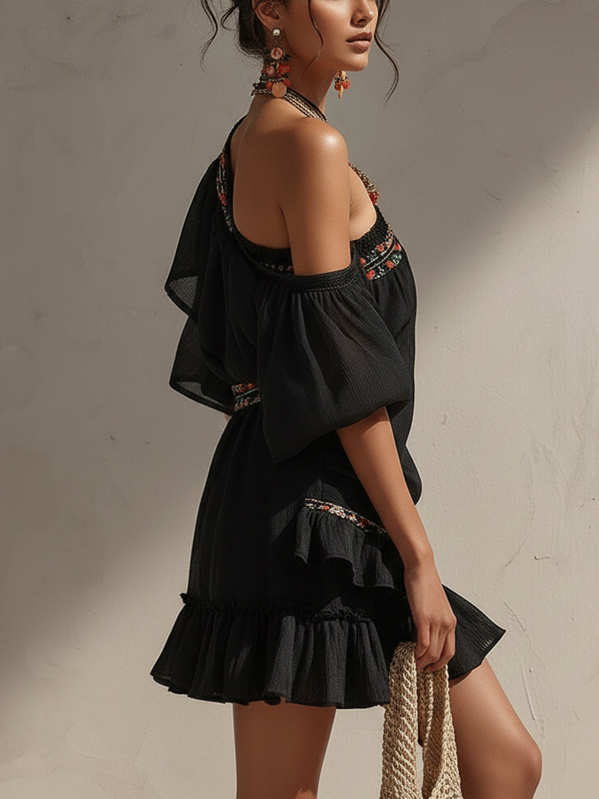 Black Asymmetric Chiffon-Panelled Binding Mini Dress
