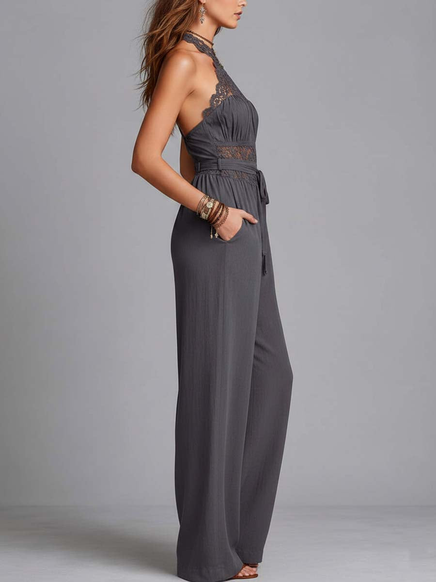 Grey lace halter-neck pleated wide-leg jumpsuit