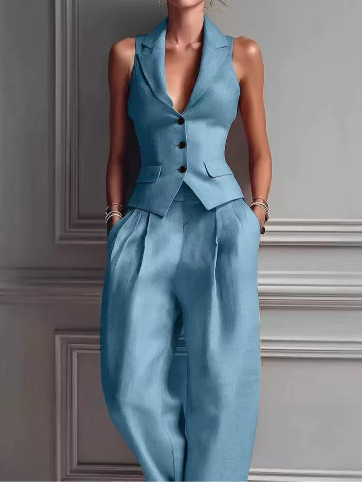 Women's Sexy V-Neck Button-Front Vest & Fashionable Casual Set