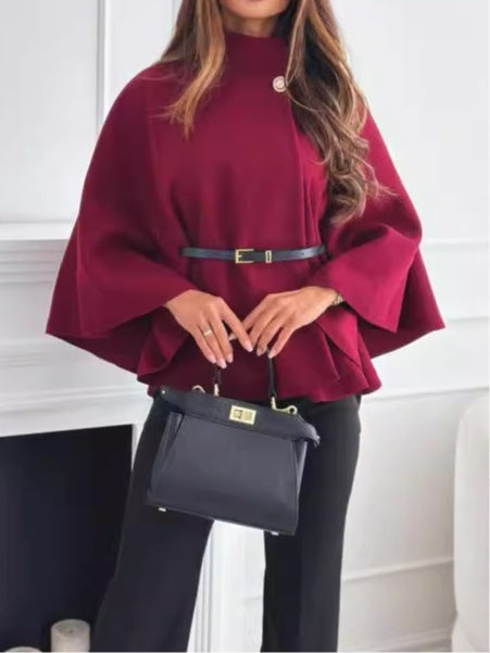 Women's solid color belted wool blend cape coat