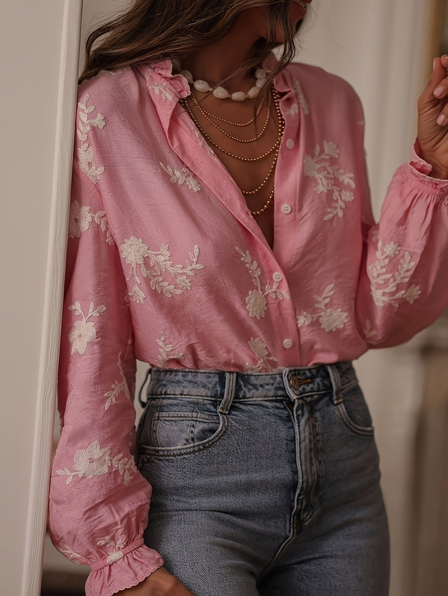 Women's Long-Sleeve Embroidered Chiffon Blouse