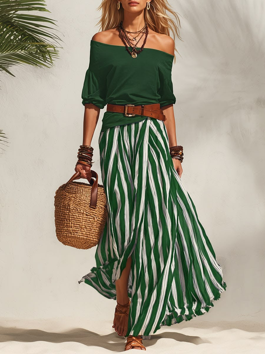Women's off-shoulder puff-sleeve top and striped skirt set(Includes belt)