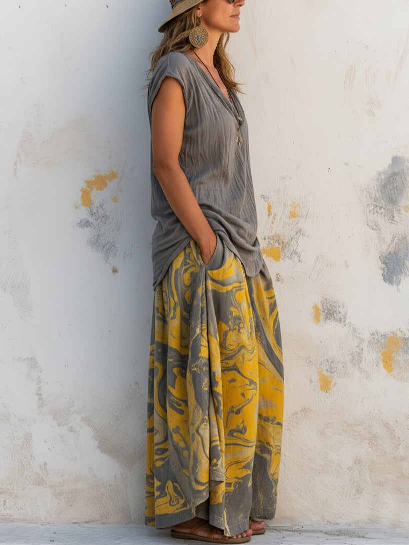 Casual V-Neck Short-Sleeve T-Shirt And Patterned Skirt Set