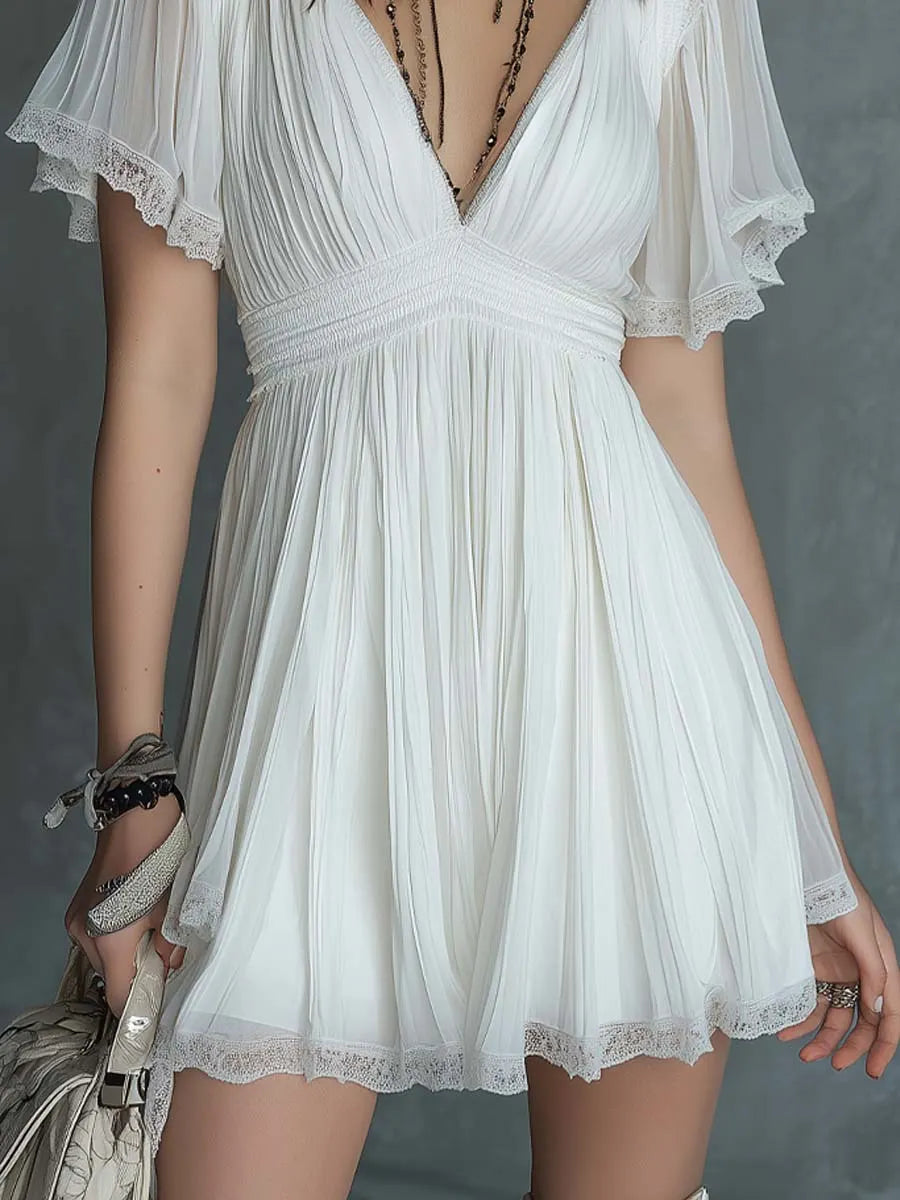 Vintage Pleated Lace Trim White Chiffon Mini Dress