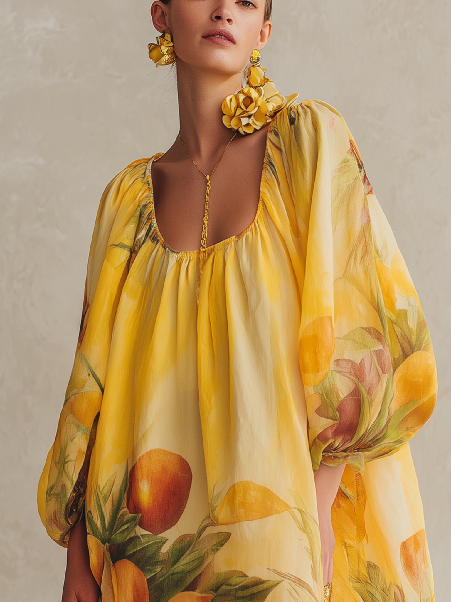 Vibrant Yellow Printed Loose Mini Dress