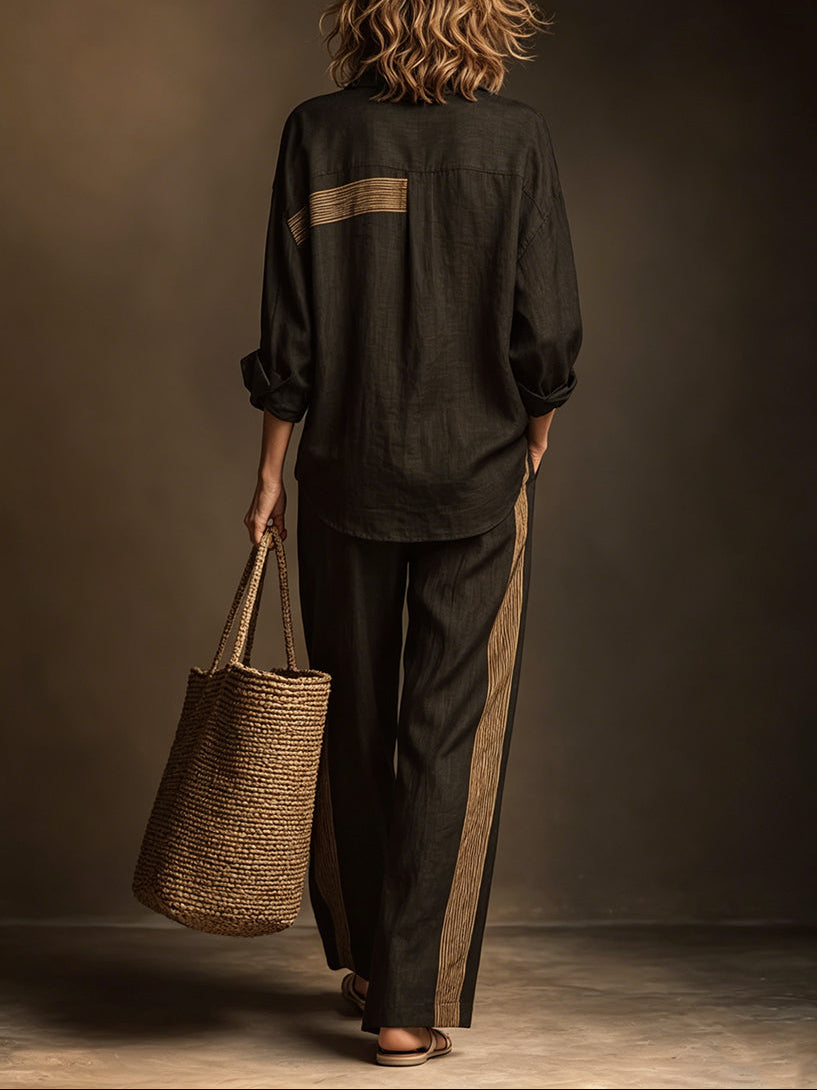 Retro Casual Color-Block Striped Two-Piece Set