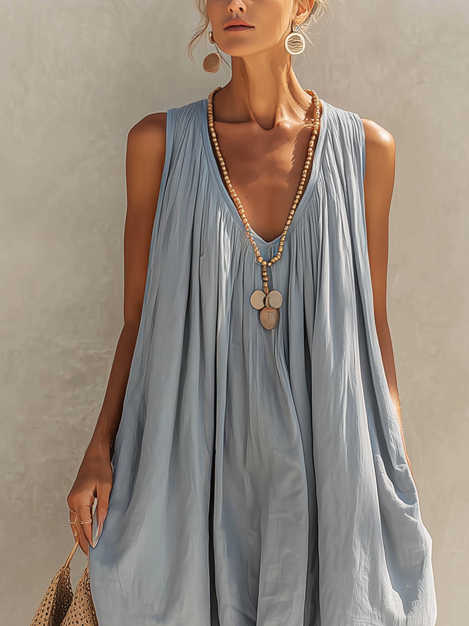 Blue sleeveless pleated puffy midi dress