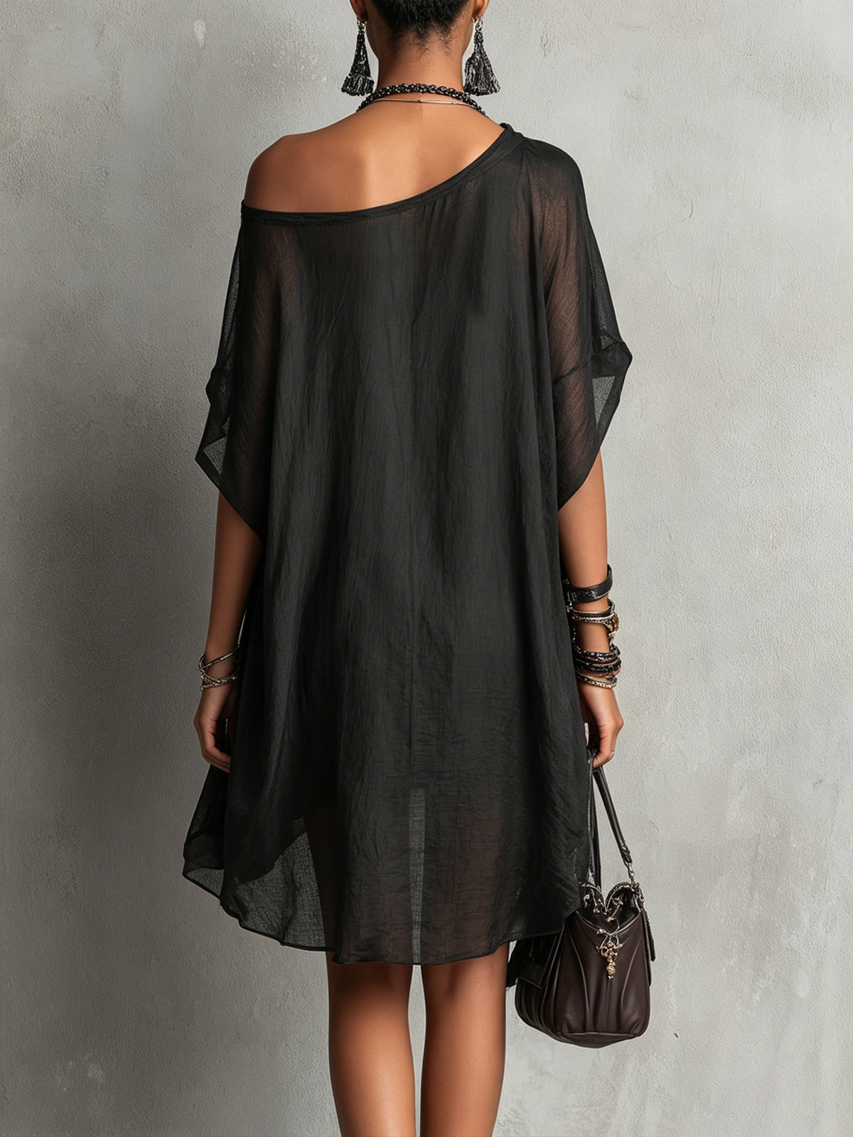 Black Asymmetric Chiffon Midi Dress with Floral Embroidery