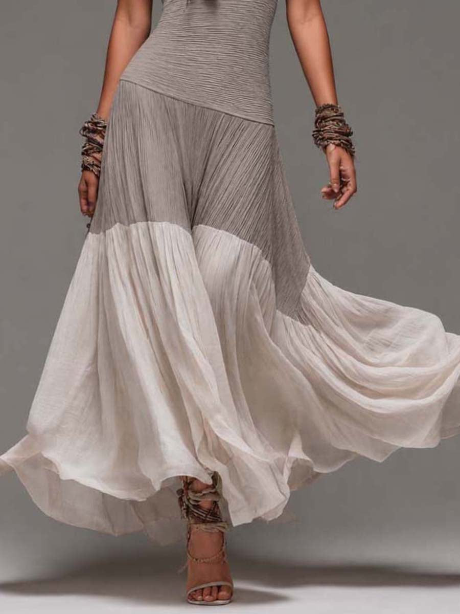 Vintage bohemian halter maxi dress with pleated texture