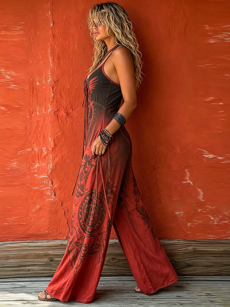 Red Bohemian-style printed camisole jumpsuit